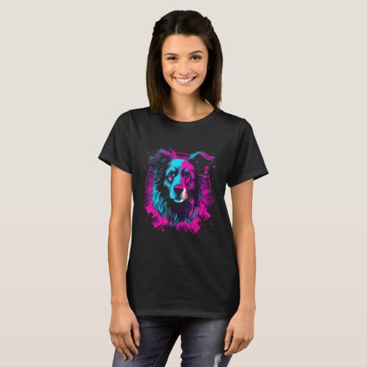 Border Collie Retro Vaporwave Design T-shirt (Voorkant volledig)