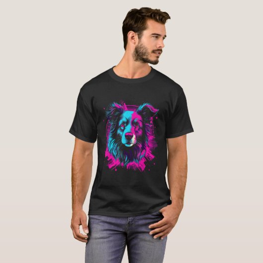 Border Collie Retro Vaporwave Design T-shirt (Voorkant volledig)