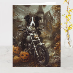 Border Collie Rijdt op Motorfiets Halloween Grieze Kaart