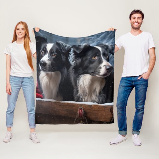 Border Collie Snowy Sleigh Kerst Decor Fleece Deken (In situ)