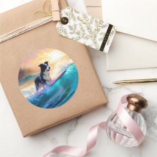 Border Collie Strand Surfen Schilderij Ronde Sticker