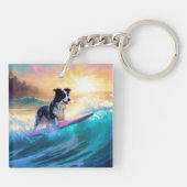 Border Collie Strand Surfen Schilderij Sleutelhanger (Achterkant)