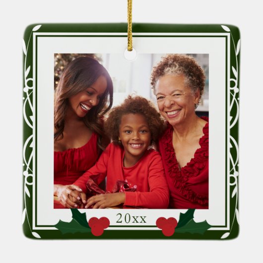 Border Green White Holly Family Kerstmis Keramisch Ornament (Achterkant)