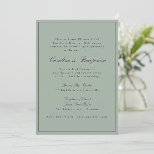 Border Script Elegant Wedding Olive Gray RSVP Kaart (Staand voorkant)
