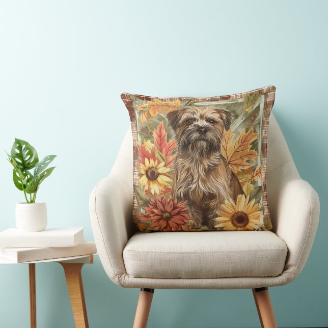 Border Terrier Hond Herfst Waterverf Bloemen Kussen (Stoel)