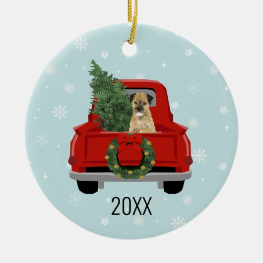 Border Terrier Kerstred Truck Keramisch Ornament (Voorkant)