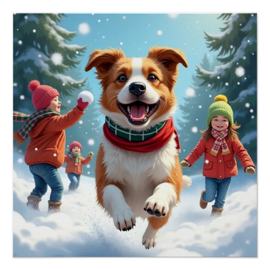 Border Terrier Sneeuwballengevecht Kerstschilderij Perfect Poster (Voorkant)