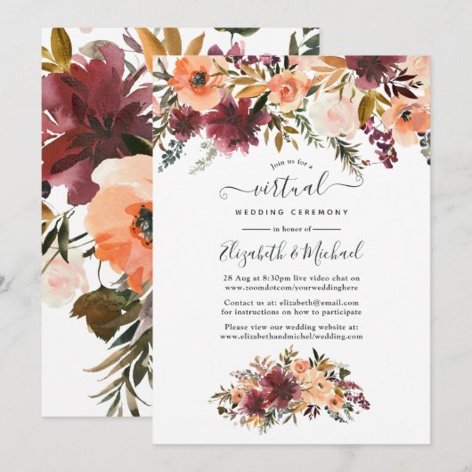 Bordo Peach Waterverf Floral Virtual Wedding Kaart (Voorkant / Achterkant)