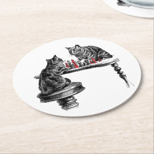 Bordspellen Twee katten spelen schaakwedstrijd Roo Ronde Kartonnen Onderzetter