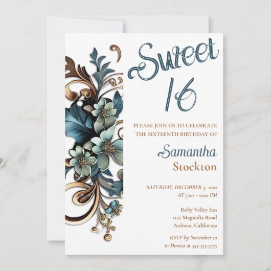 Bordure botanique dorée Sweet 16 Invitation (Devant)