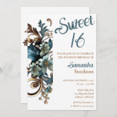 Bordure botanique dorée Sweet 16 Invitation (Devant / Derrière)