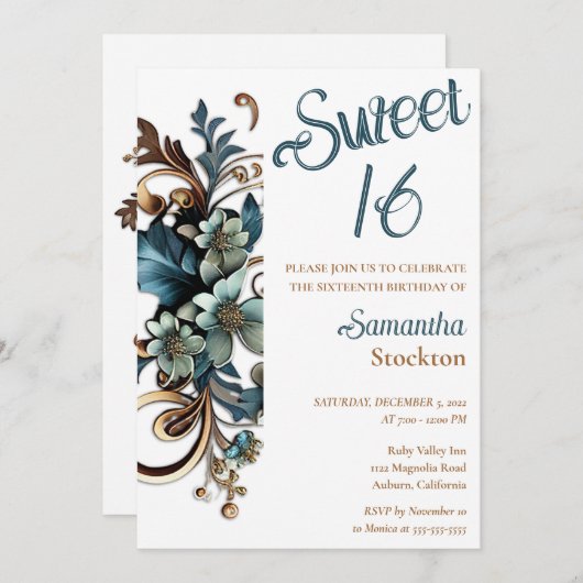 Bordure botanique dorée Sweet 16 Invitation (Devant / Derrière)