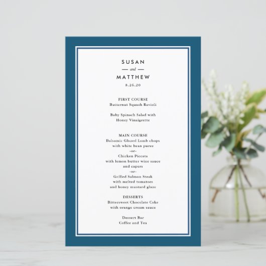 Bordure classique bleu marine, menu papier (Debout devant)