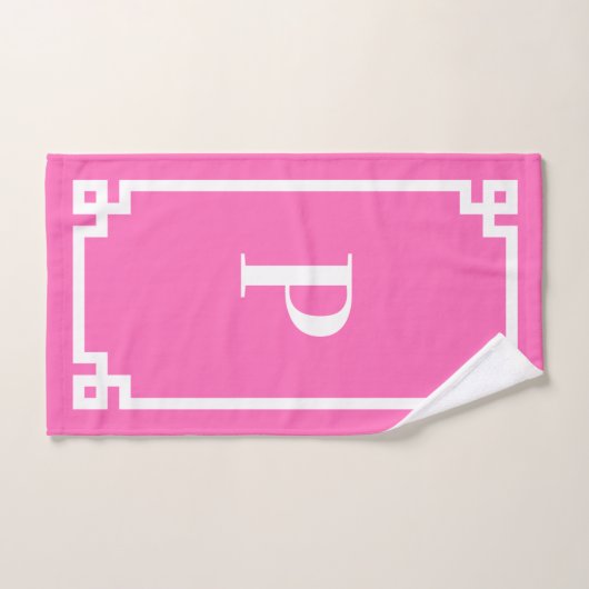 Bordure clé grecque rose et blanc chaud Monogramme (Serviette à main)