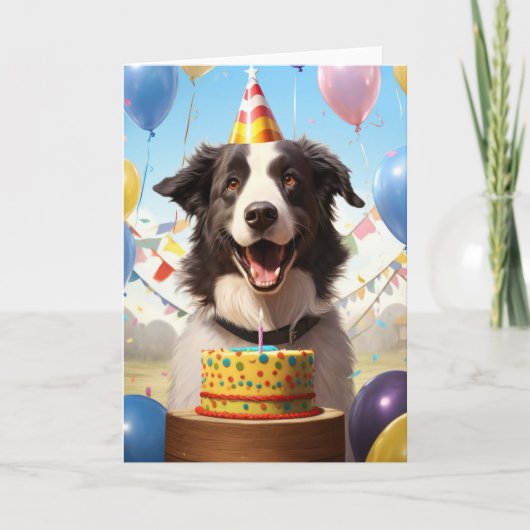 Bordure Collie avec carte d'anniversaire de gâteau (Devant)
