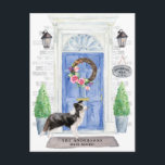 Bordure Collie Moving Faire-part Carte postale<br><div class="desc">Annoncez votre nouvelle adresse avec notre faire-part élégante avec un Collie Bordure,  une porte d'entrée bleue,  un tapis de bienvenue,  une ardoise,  des topiaires et une couronne fleurie posée sur un arrière - plan en brique grise.</div>
