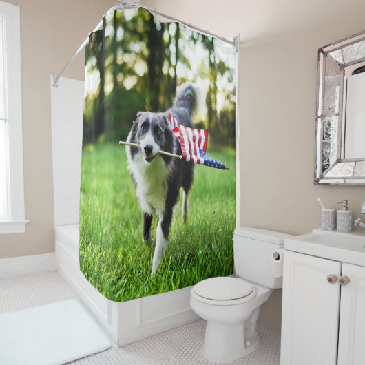 Bordure Collie Patriotique Douche Chien Rideau (En situation)