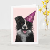 Bordure Collie rose Carte de voeux Anniversaire (Fleur jaune)