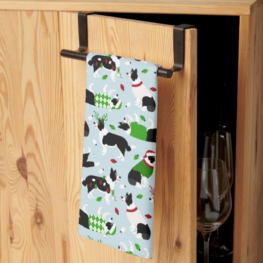 Bordure de Noël Collie Serviette de cuisine (Pliage en tiers)