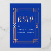 Bordure d'or Rose moderne sur carte RSVP bleu mari (Recto)