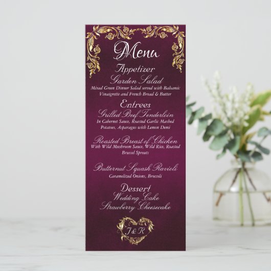 Bordure d'or sur le menu Mariage Plum (Debout devant)