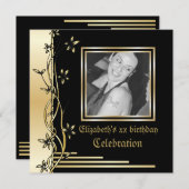 Bordure florale noire et or invitation à l'anniver (Devant / Derrière)