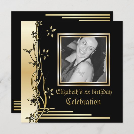 Bordure florale noire et or invitation à l'anniver (Devant / Derrière)