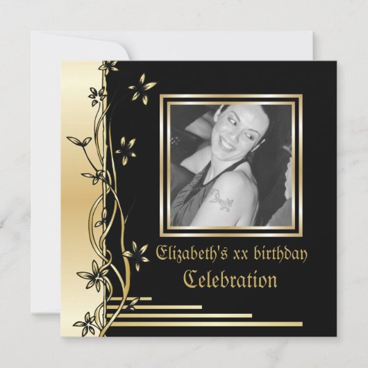 Bordure florale noire et or invitation à l'anniver (Devant)