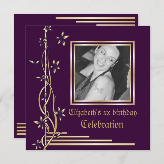 Bordure florale or sur invitation à l'anniversaire (Devant / Derrière)