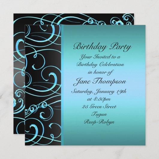 Bordure latérale Bleu/Noir Invitation d'anniversai (Devant / Derrière)