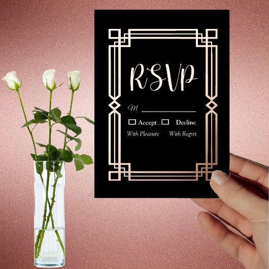Bordure or Rose moderne sur carte RSVP noire