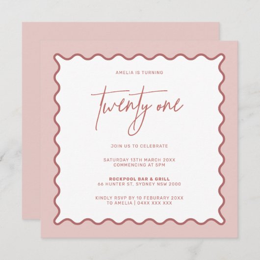Bordure rose Vague Vingt et un Invitation annivers (Devant / Derrière)