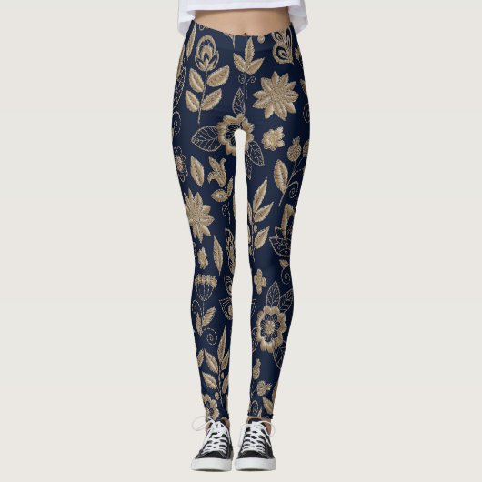 Borduurwerk Bloemen Donker  Ornament Leggings (Voorkant)