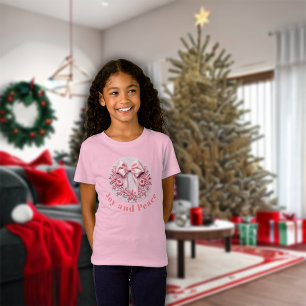 Borduurwerk Effect Roze Kerstmis Bow Joy & Peace T-shirt