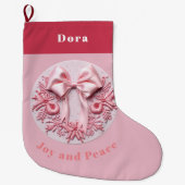 Borduurwerk Effect Roze Kerstmis strik aangepaste  Grote Kerstsok (Voorkant)