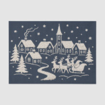 Borduurwerk Kerst Sneeuw Dorp Scene Blauw Wit