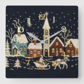 Borduurwerk Kerstmis Snowy Village Scene Blauw Vierkante Klok (Voorkant)