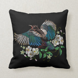 Borduurwerk Ontwerp Magpie Vogel Witte Bloem Zwart Kussen