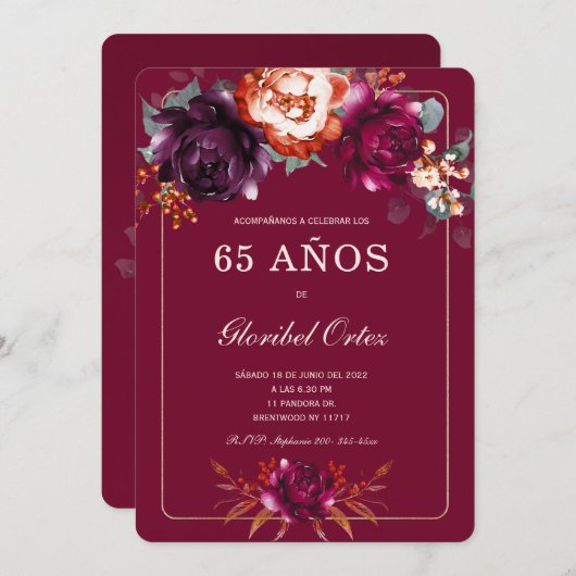 Borgoña 65e ideeën de fiesta de cumpleaños para kaart (Voorkant / Achterkant)