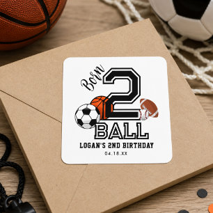 Born 2 Ball Sport Thema Jongens 2e Verjaardagsfees Vierkante Sticker