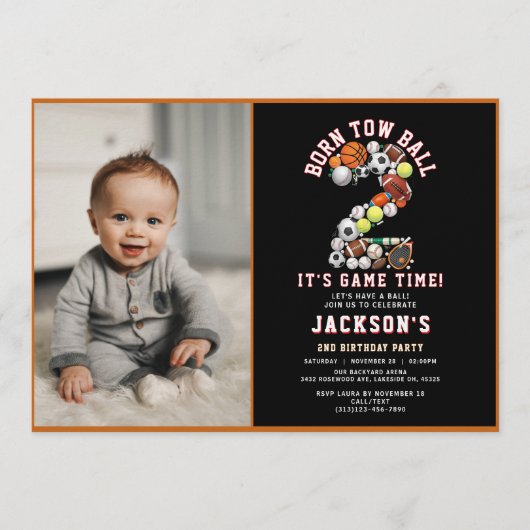 Born 2 Ball Sport Themed Boy 2nd Birthday Party Kaart (Voorkant)