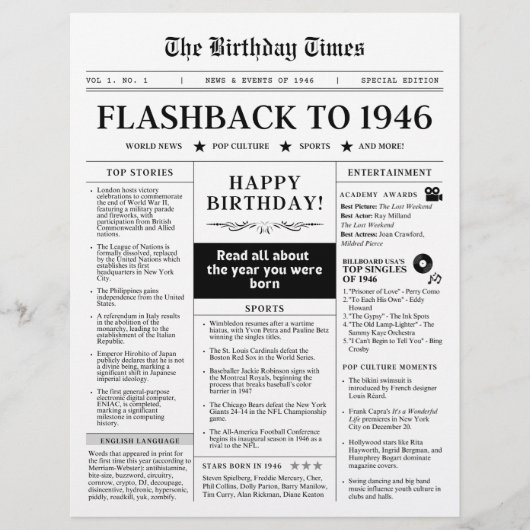 Born in 1946 Fun Newspaper black and white (Voorkant)