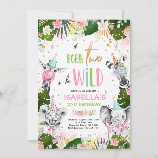 Born Two Be Wild Verjaardag Safari Dieren Partij Kaart (Voorkant)