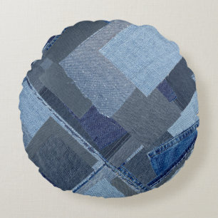 Boro Blue Jean Patchwork Denim Shibori Rond Kussen