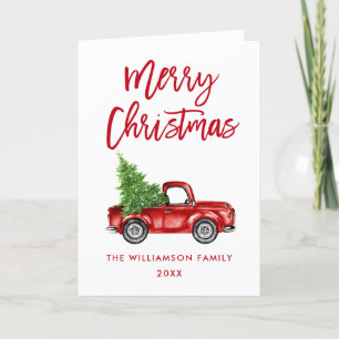 Borstel Schrift Vintage Truck Kerstmis Rood Vouw Feestdagen Kaart