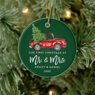 Borstel Script Eerste Kerst Truck Groen Keramisch Ornament