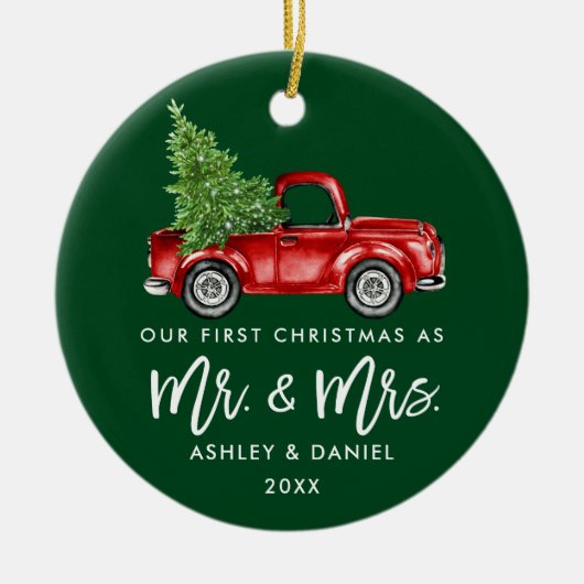 Borstel Script Eerste Kerst Truck Groen Keramisch Ornament (Voorkant)