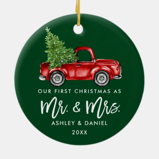 Borstel Script Eerste Kerst Truck Groen Keramisch Ornament (Achterkant)