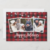 Borstel Script Lights 3 Foto Rood Plaid Feestdagenkaart (Voorkant)