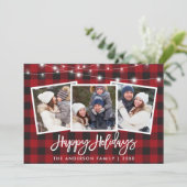 Borstel Script Lights 3 Foto Rood Plaid Feestdagenkaart (Staand voorkant)